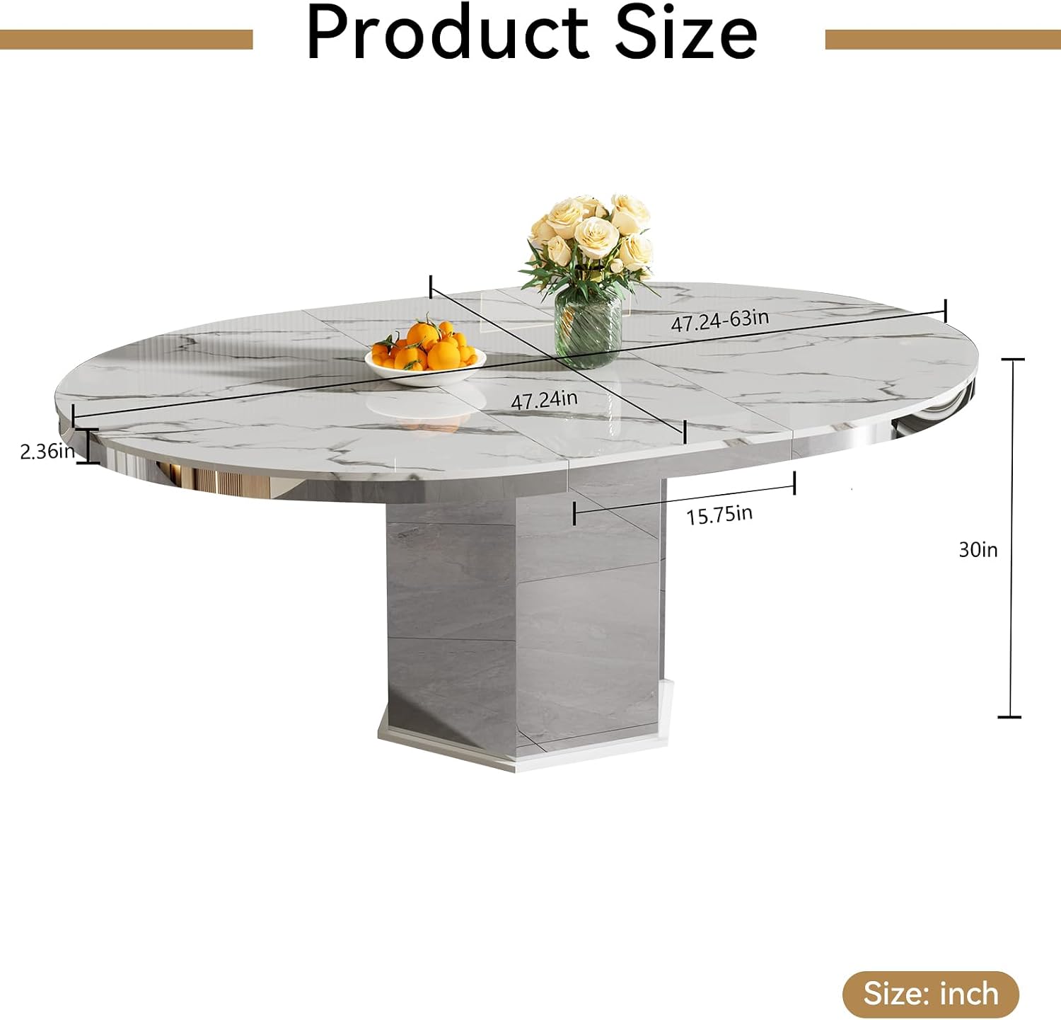 47'-63' Round White Faux Marble Extendable Dining Table for 4-6, Modern Luxury Round Dining Room Table, Kitchen Dinner Tables with Marble Veining Tabletop and Mirror Acrylic Base for Kitchen