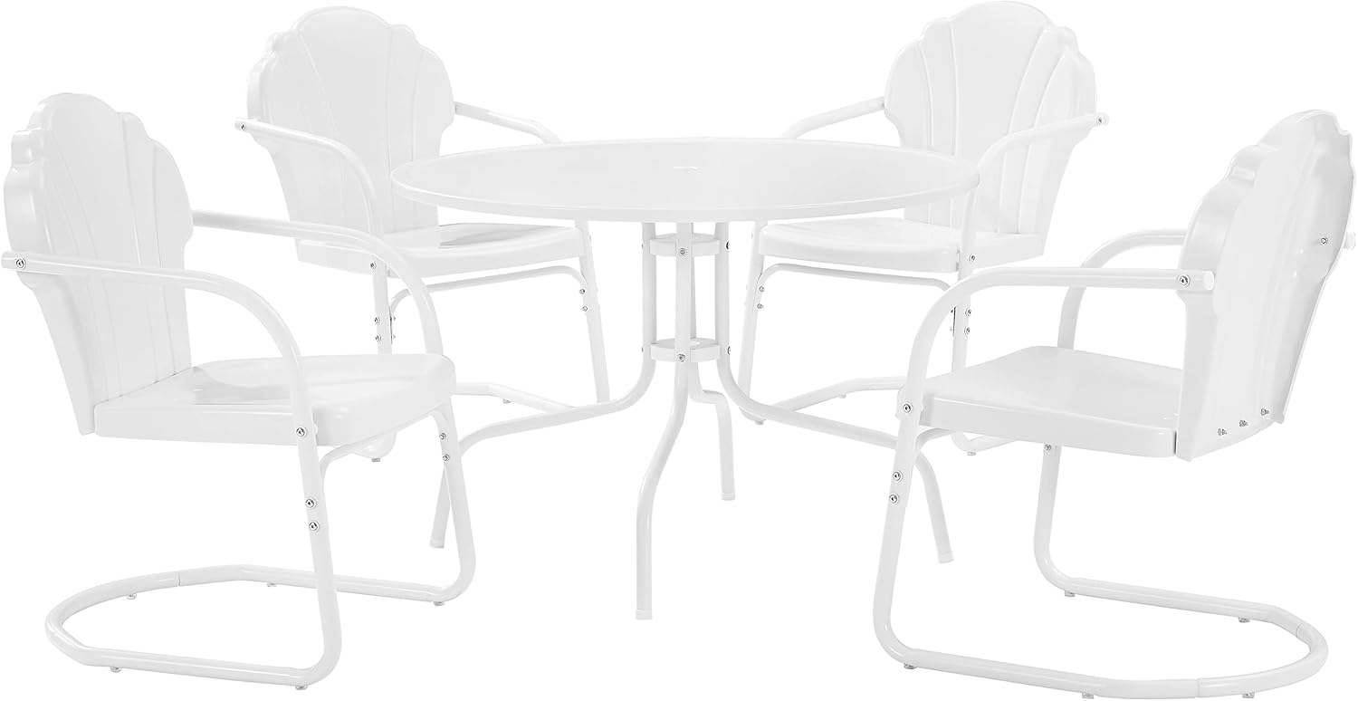 Crosley Furniture Tulip 5-Piece Outdoor Dining Set for 4, Retro Metal Round Patio Table and Chairs for Deck, White Satin