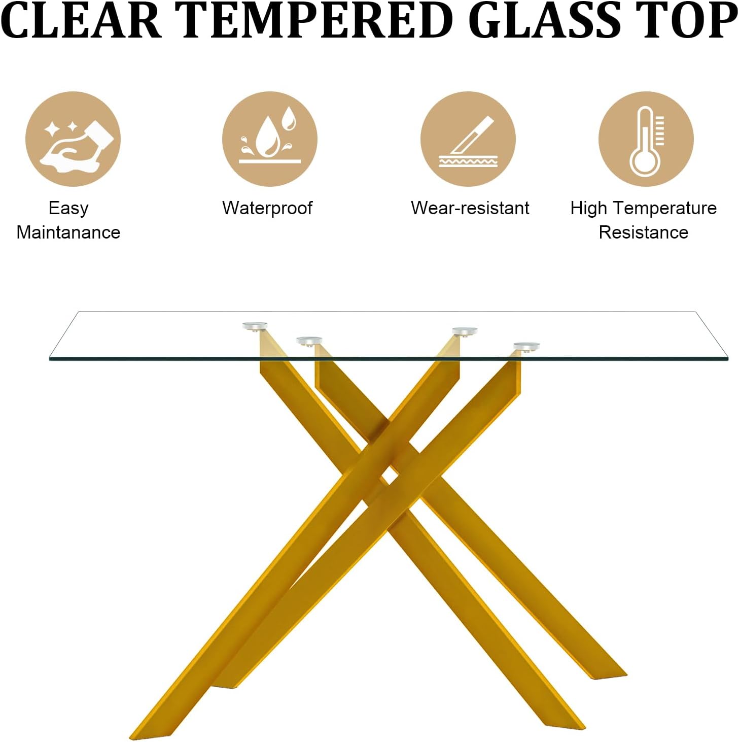 51.2' Glass Dining Table, Modern Kitchen Table for 4-6 People, Contemporary Rectangular Dining Room Dinner Tables with Clear Glass Top & Gold Metal X Legs for Kitchen Apartment