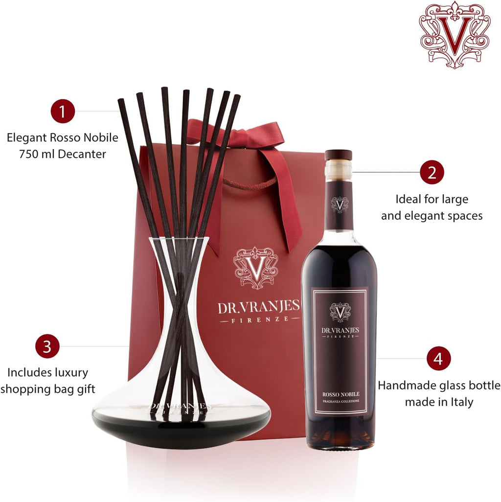 Dr. Vranjes - Rosso Nobile 750 ml Decanter & Bordeaux Bottle + Shopping Bag - Luxury Home Fragrance Set, Made in Italy, Main Scent: Fruity & Red Wine