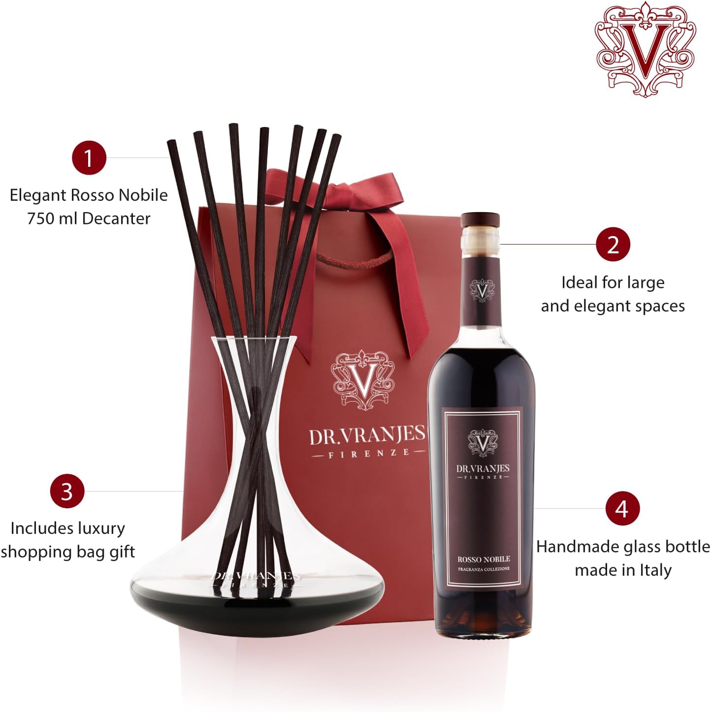 Dr. Vranjes - Rosso Nobile 750 ml Decanter & Bordeaux Bottle + Shopping Bag - Luxury Home Fragrance Set, Made in Italy, Main Scent: Fruity & Red Wine
