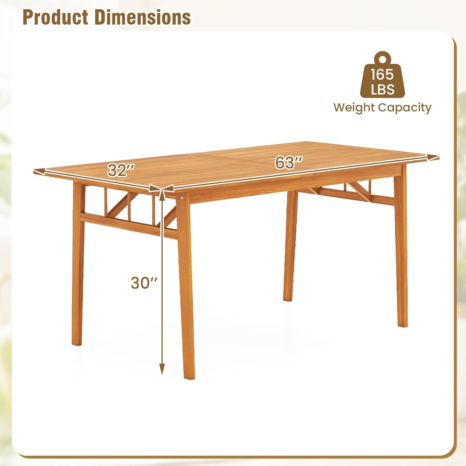 HAPPYGRILL Acacia Wood Outdoor Dining Table with Umbrella Hole & Cover, for 4-6 People, 63' Large Farmhouse Dinette Furniture for Backyard Patio Deck Porch