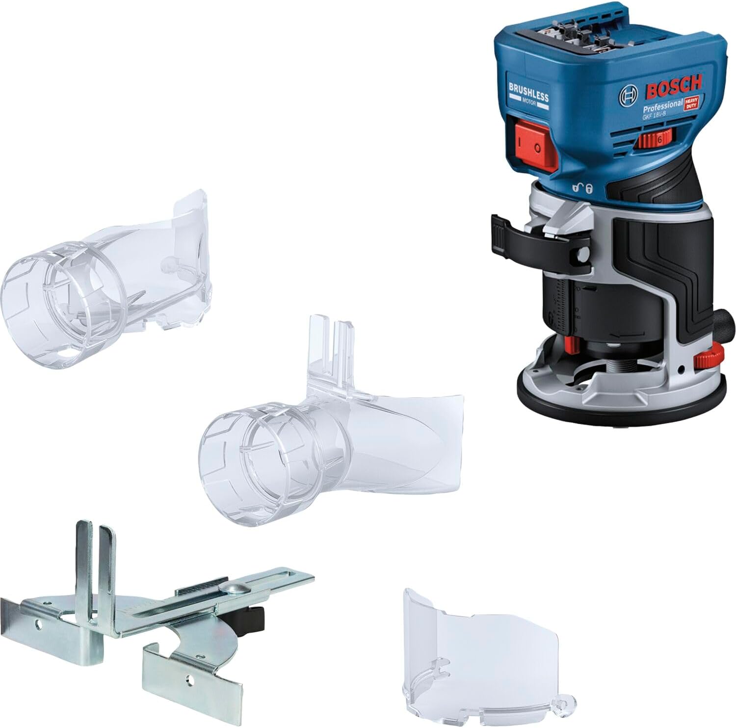Bosch Professional 18V System Cordless Router GKF 18V-8 (incl. Parallel Guide, 2X Routing vac adaptors, Chip Shield, 8mm Collet, Wrench, Without Battery/Charger)