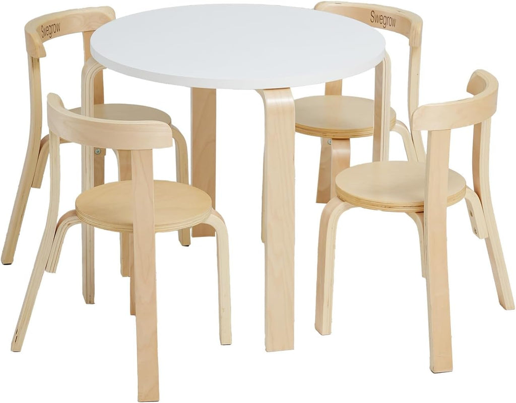 Swegrow Kids Table and 4 Chairs Set, Wooden Table and Chairs for Kids & Toddler，Kid Wooden Furniture for Playroom/Home/Kindergarten