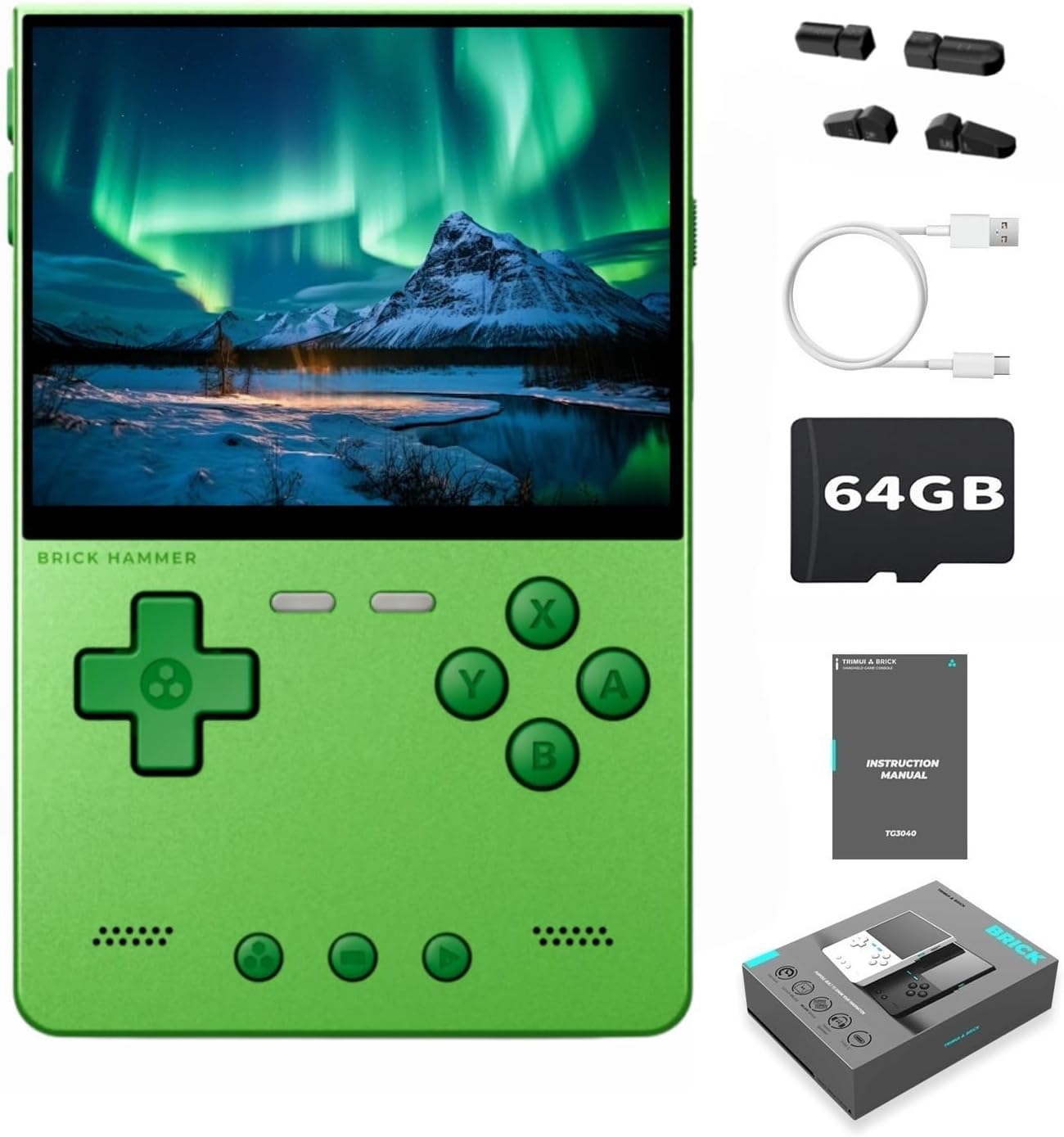 Trimui Brick Hammer Metal Body Handheld Game Console Retro Gaming Handheld 3000mah Battery Allwinner A133p 3.2' IPS RGB Lighting Vibration Green-64G