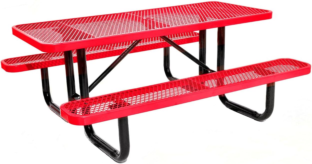Heavy Duty 6' Rectangular Picnic Table, Expanded Metal, (72' Long) (Red)