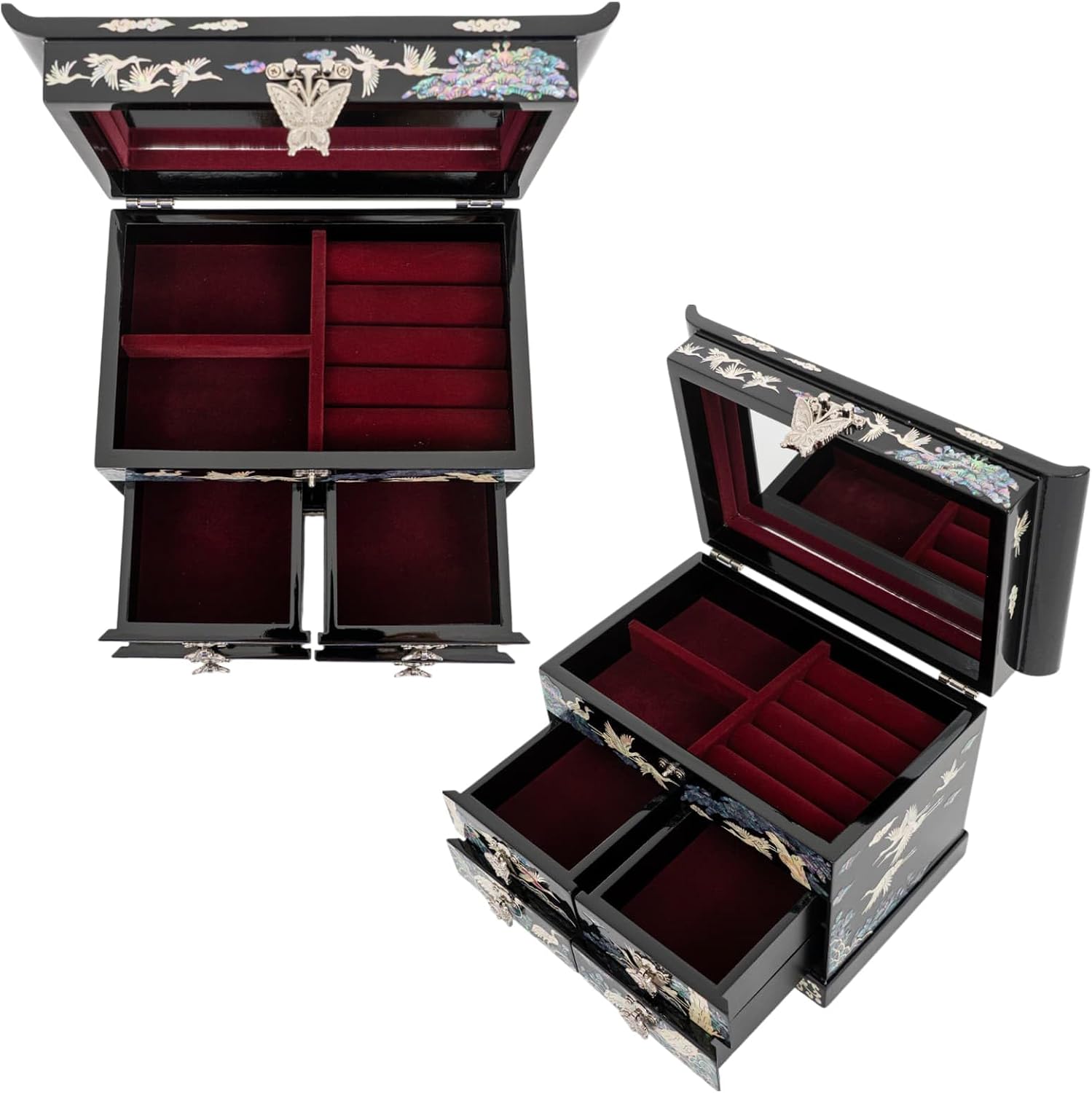 February Mountain Mother of Pearl Wooden Jewelry Organizer Box – Jewelry Storage Box for Women, Features Spacious Drawers, Ideal for Rings, Bracelets, Watches, Chains, Accessories (Colorful Crane)
