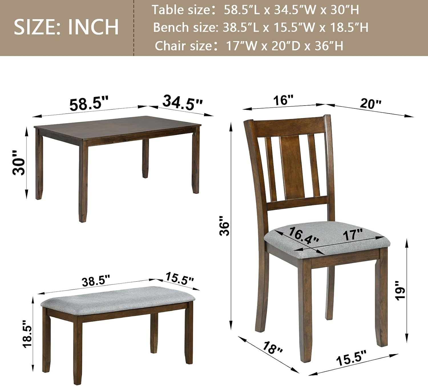 KEIKI 6-Piece Standard Height Dining Table Set with Rectangular Table, 4 Upholstered Slatted Backrset Chair, Bench, for 6 Person, Modern Table Set, Easy Assembly, for Kitchen, Dining Room, Walnut