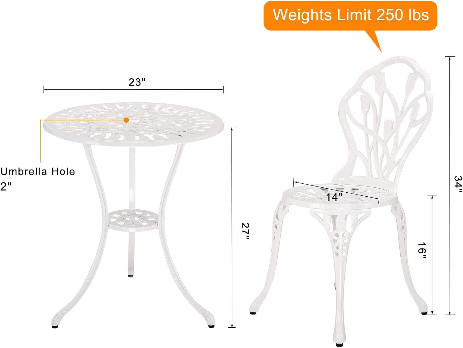 HOMEFUN Bistro Table and Chairs Set of 2 Outdoor 3 Piece Patio Set Tulip Pattern Cast Aluminum Bistro for Garden Balcony, Durable Rust All-Weather Resistance (White)