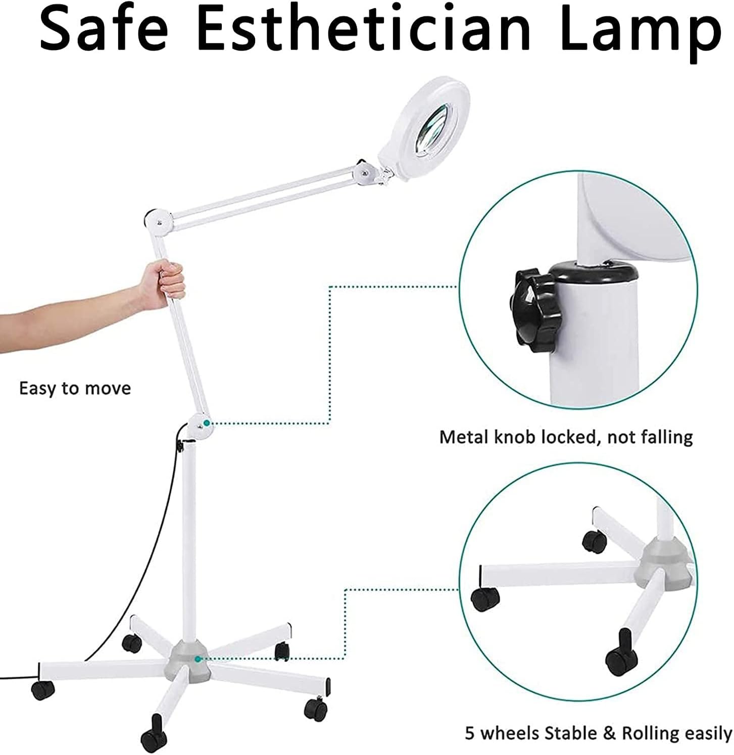 Magnifying Glass,5X LED Beauty Magnifying Floor Lamp with 5 Wheels Rolling Base, Dimmable, Adjustable Arm Lighted Magnifier for Reading, Crafts & Pro Tasks