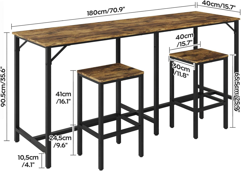 YATINEY 70.9' Bar Table and Chairs Set, Dining Table and Chair Sets, 3 Piece Counter Height Table and 2 Stools, Kithcen Table for Home Restaurant, Bar, Rustic Brown BT09BR