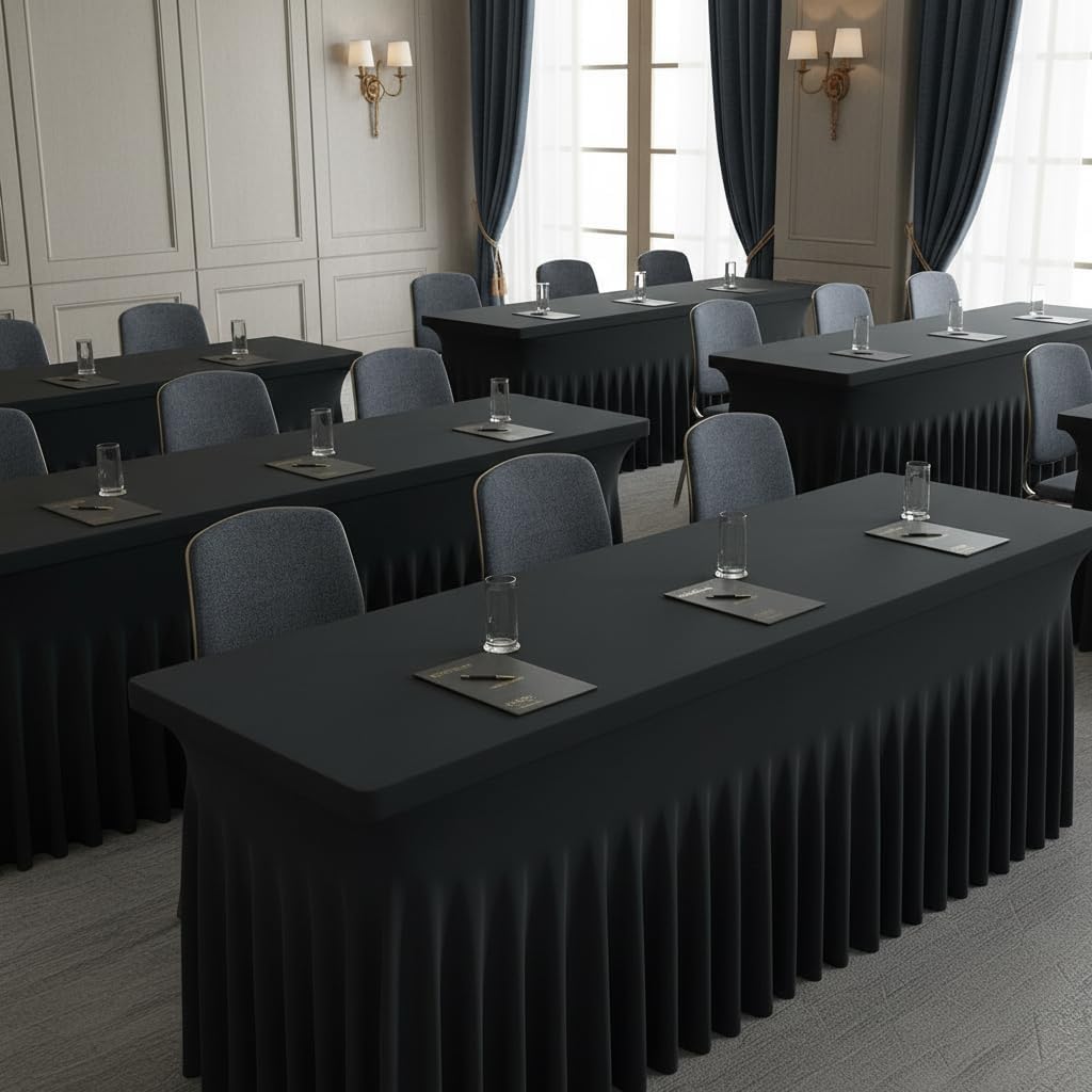 6 Pack Black Rectangle Tablecloth 72 Inch with Elastic Skirt - Wrinkle-Resistant Spandex Fitted 6FT Tables, Stretchable Table Cover for Wedding Banquet Birthday Party Buffet Restaurant