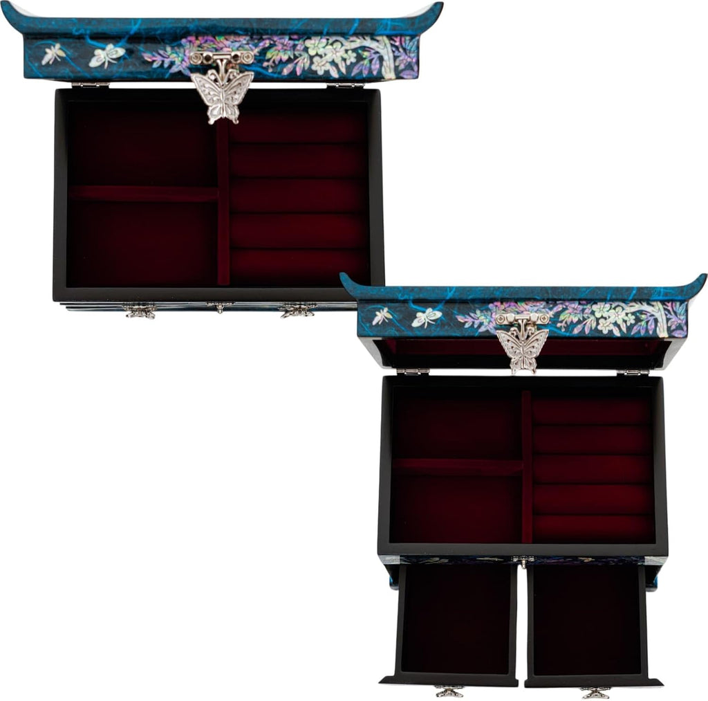 February Mountain Elegant Mother of Pearl Jewelry Box – Handcrafted Wooden Chest with Intricate Butterfly and Crane Designs, 4 Drawer Storage, and Red Velvet Interior – Ideal Gift for Women