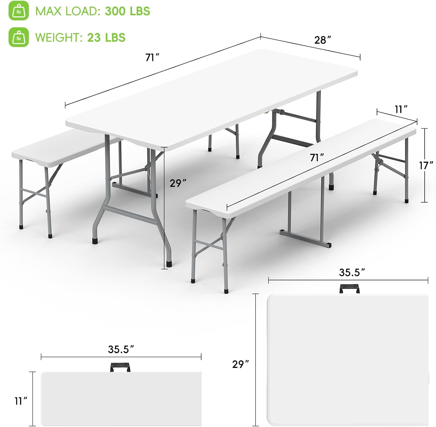 HLPB Folding Table Picnic Table Set, 6 ft Camping Table with 2 Benches, Outdoor Indoor Portable Folding Furniture for Working Meeting Party, Camping, Picnic, Weddings w/Handle and Safety Locks, White