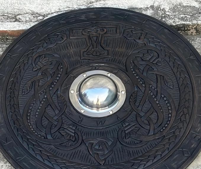 ARS NAUTICAL'Viking Shield Wall Decor with Norse Runes and Intricate Dragon Carvings – Authentic Scandinavian Medieval Style Home Accent