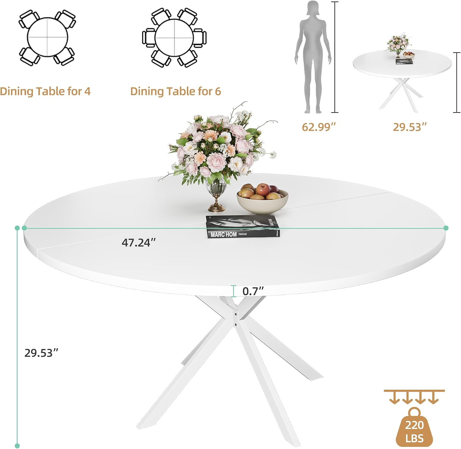 47.24' Round Dining Table for 4-6 Person, Round Kitchen Table with Wood Top, Circle Dinner Pedestal Tables with Metal Legs for Dining Room Kitchen (White)