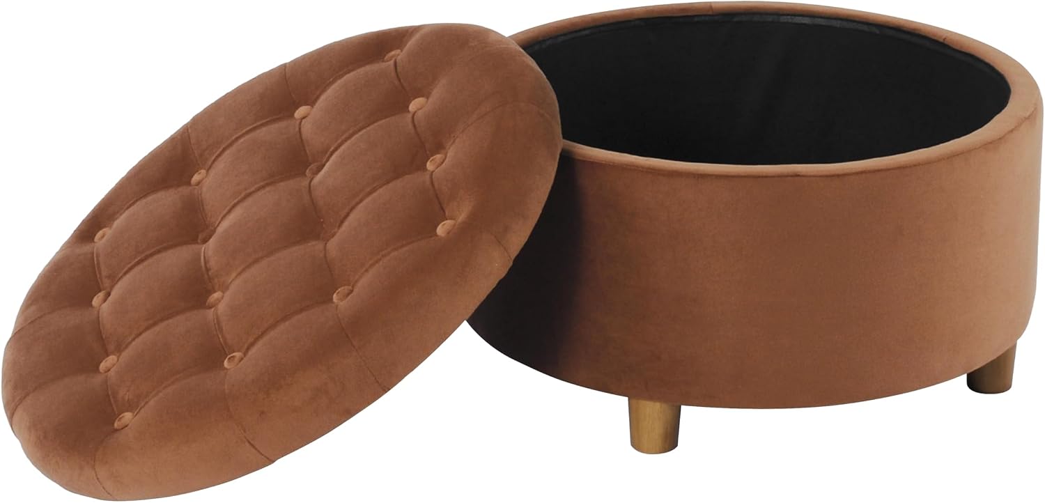 Homepop Home Decor | Button Tufted Velvet Round Storage Ottoman | Ottoman with Storage for Living Room & Bedroom, Spice Orange Velvet