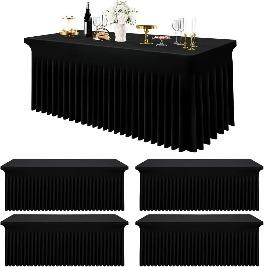 Smiry Spandex Tablecloth 4 Pack, Elastic Fitted Stretch Tablecloth for 8FT Rectangle Tables, Waterproof Washable Table Cover Skirt for Wedding, Banquet & Parties (Black, 96Lx30Wx30H Inch)