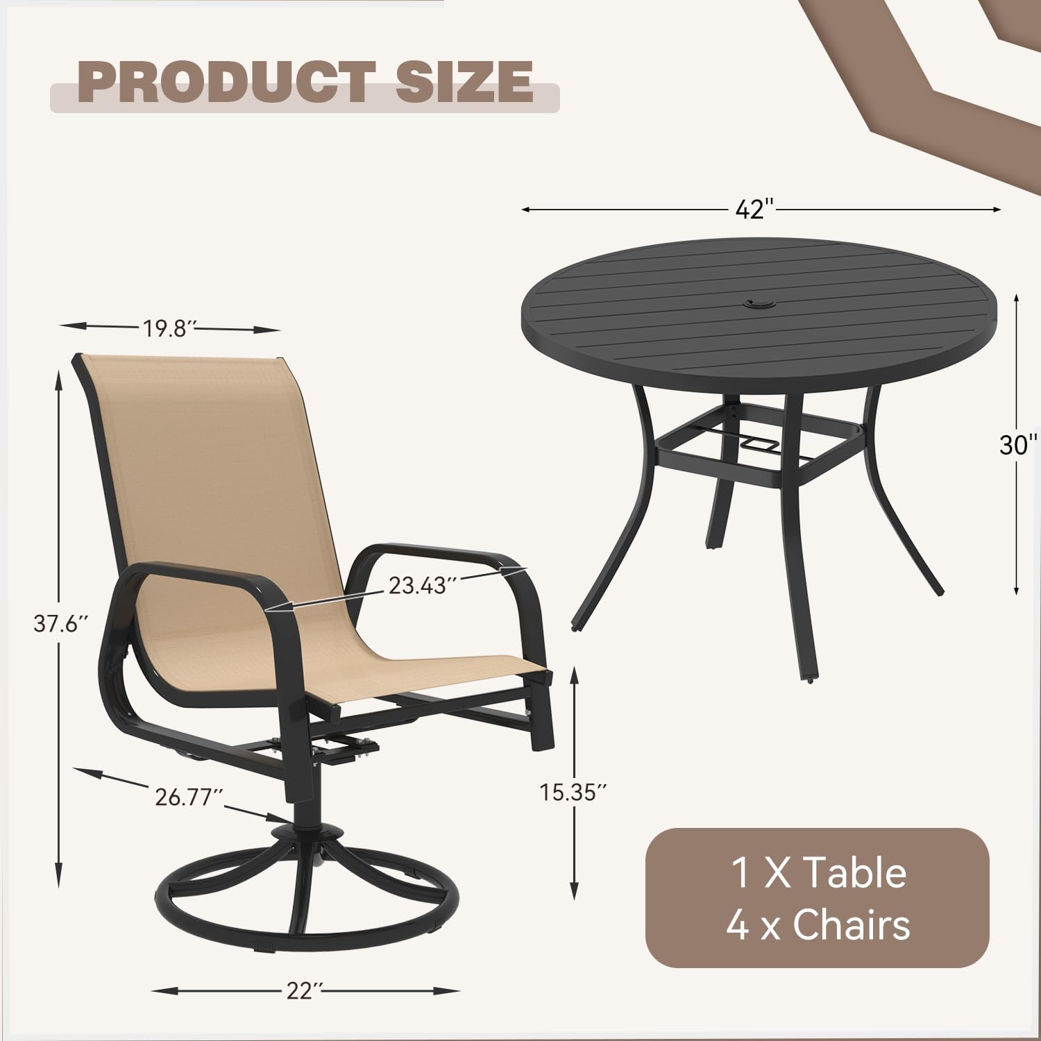 MELLCOM 5 Pieces Outdoor Dining Set, 4 Swivel Rocker Chairs with High Back Textilene & 42'' Round Metal Dining Table with Umbrella Hole, Patio Furniture Set for Deck, Beige