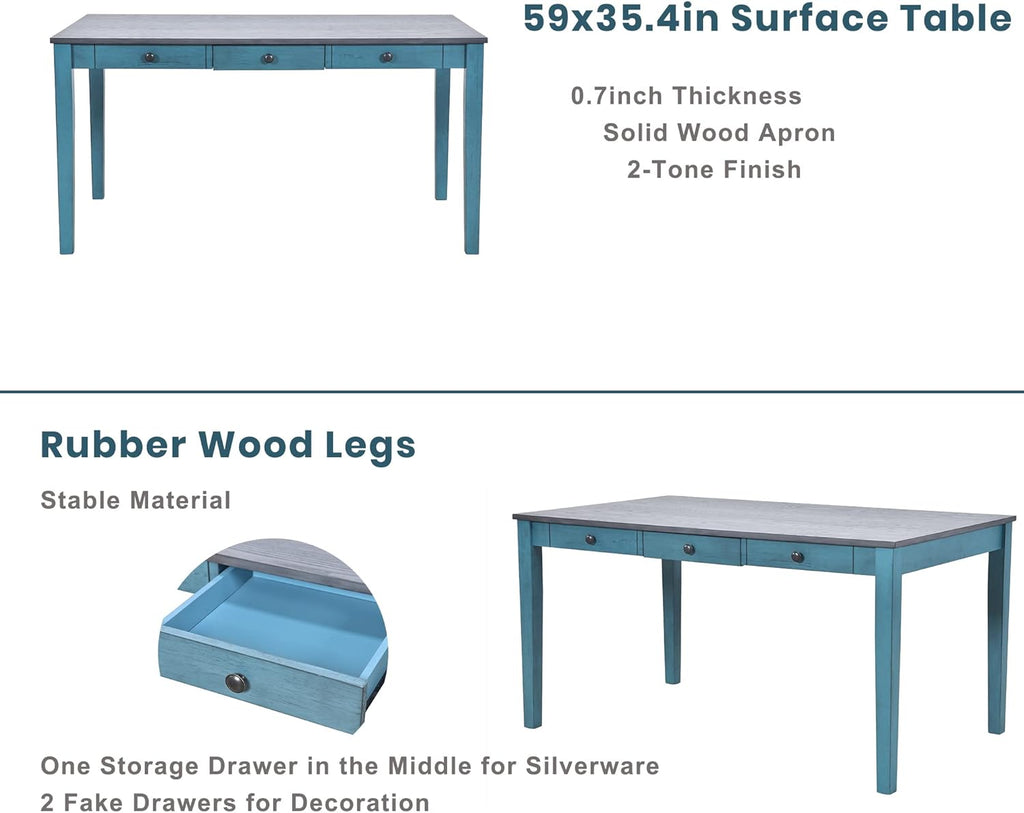 LUMISOL 6-Piece Solid Wood Dining Table Set, Farmhouse Kitchen Table Set with 4 Upholstered Chairs, Bench and Storage Drawers for Kitchen, Dining Room, Living Room, Antique Blue