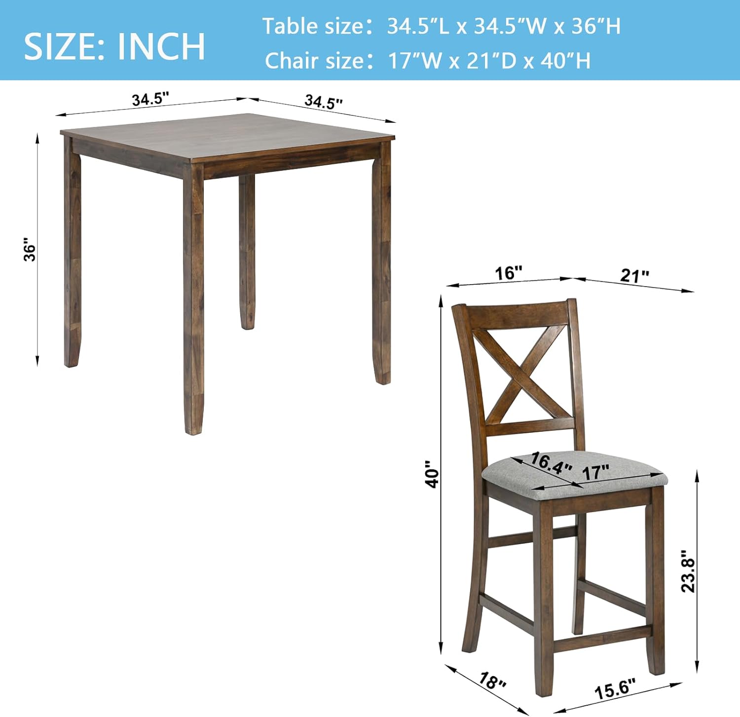 KEIKI 5-Piece Counter Height Dining Table Set with Square Table and 4 Upholstered X-Shaped Backrset Chair, for 4 Person, Modern Style Wooden Table Set, Easy Assembly, for Kitchen, Dining Room, Walnut