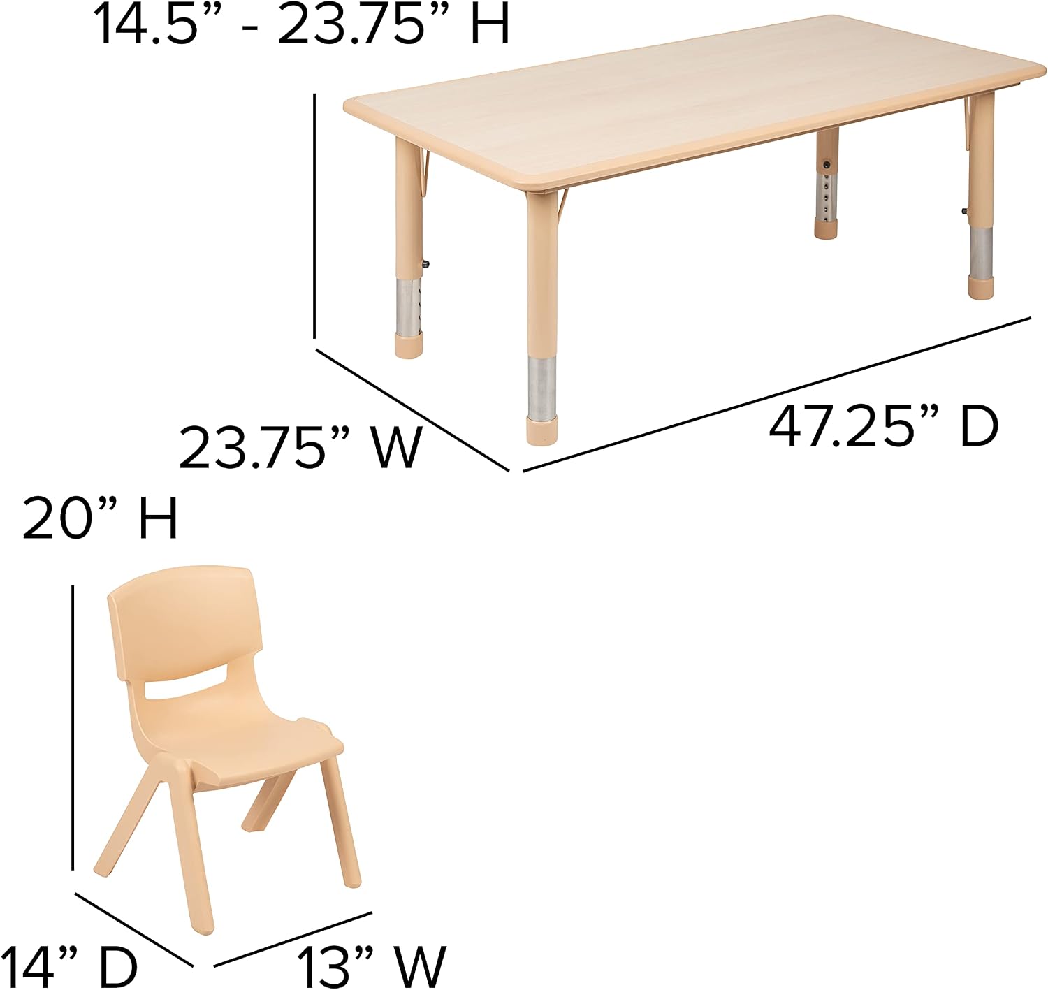 EMMA + OLIVER 23.625' W x 47.25' L Rectangle Natural Plastic Activity Table Set with 6 Chairs
