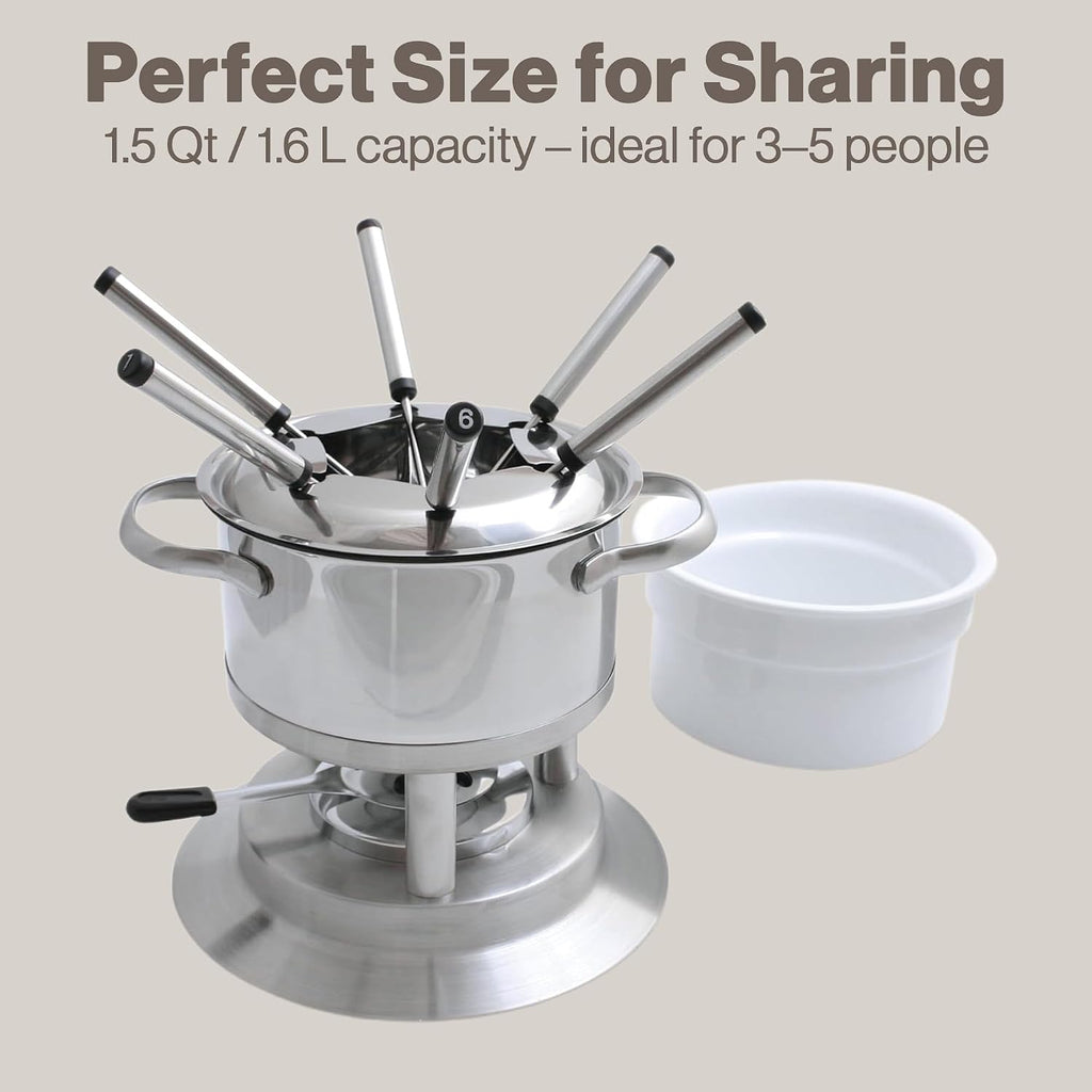 Swissmar Arosa 11-Piece Stainless Steel 3-in-1 Fondue Set - Ideal for Melting Cheese, Chocolate, Butter, & More - Perfect for Kitchen Collection & Wedding Gift Giving - 1.6 Quarts / 1.5 Liter