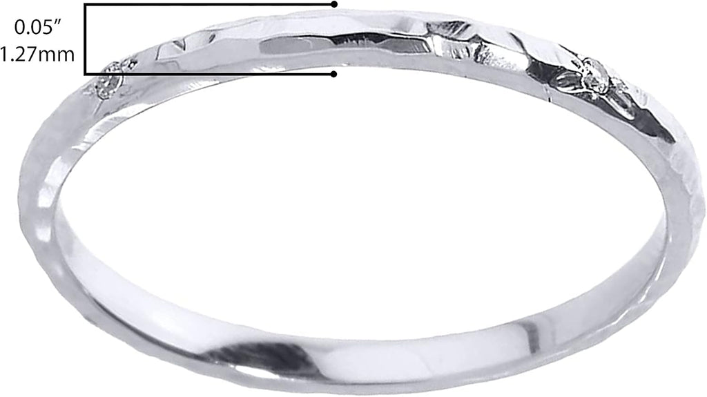 10K White Gold Diamond Accented Hammered Stackable Slender Ring with Starburst Engraved Flush Set Gems (J-K Color, I1-I2 Clarity) - Size 4