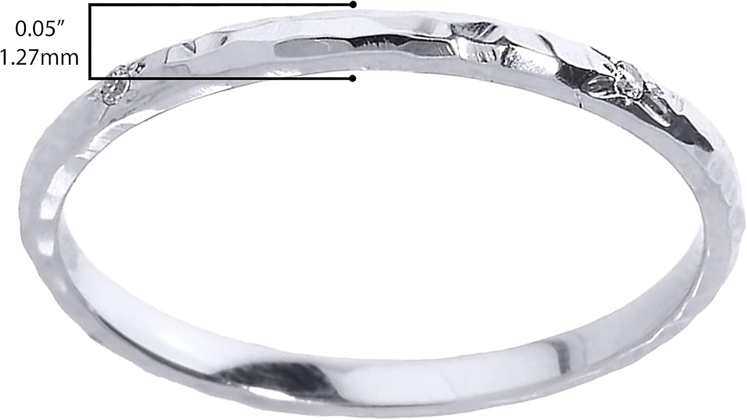 10K White Gold Diamond Accented Hammered Stackable Slender Ring with Starburst Engraved Flush Set Gems (J-K Color, I1-I2 Clarity) - Size 4