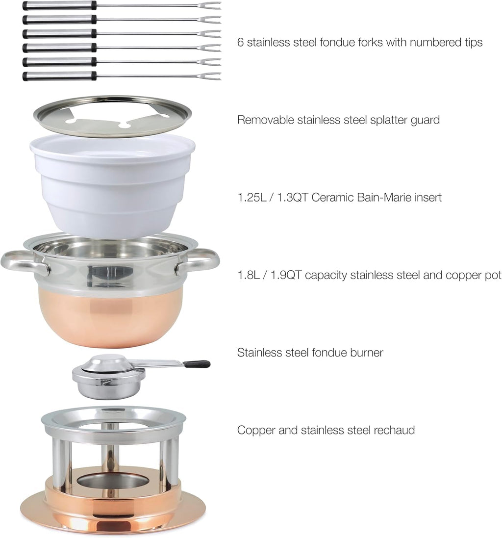 Swissmar Lausanne 11-Piece Copper Plated Fondue Set - Ideal for Cheese & Chocolate Fondue, Oil & Broth Cooking - Perfect for Kitchen Collection & Wedding Gifts - 1.8 Liter / 1.9 Quarts
