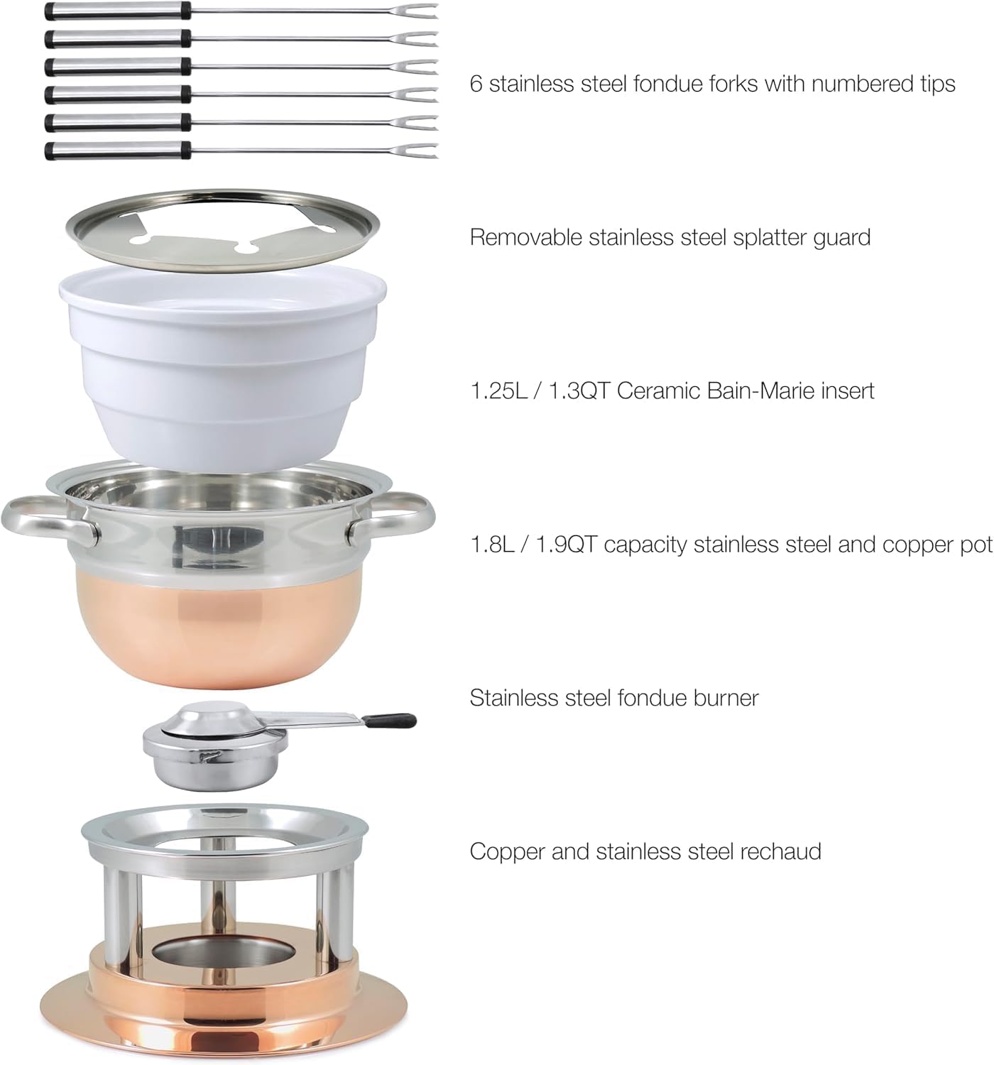 Swissmar Lausanne 11-Piece Copper Plated Fondue Set - Ideal for Cheese & Chocolate Fondue, Oil & Broth Cooking - Perfect for Kitchen Collection & Wedding Gifts - 1.8 Liter / 1.9 Quarts
