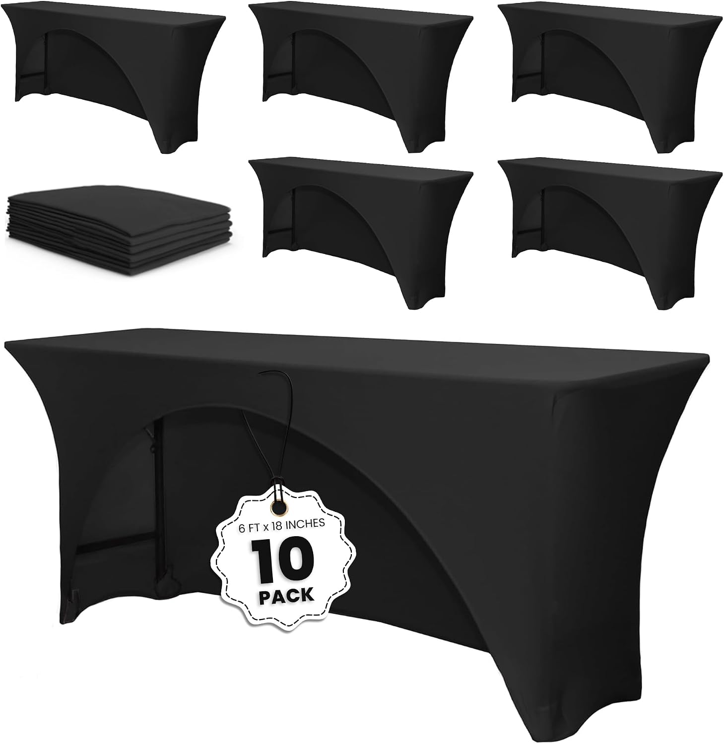 YOUR CHAIR COVERS - 6 Ft x 18 Inches Black Spandex Open Back Rectangular Training Tablecloth, Fitted Stretch Table Cover - Pack of 10