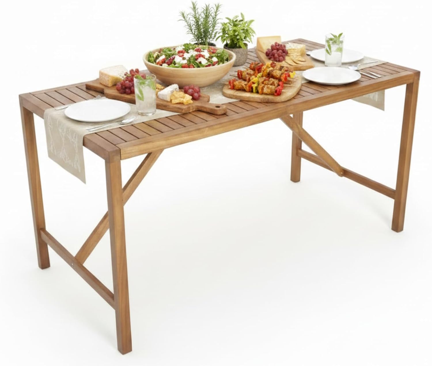 Tangkula 67' Acacia Wood Outdoor Dining Table for 6, Rectangle 6-Person Patio Table with 2' Umbrella Hole & Spacious Slatted Tabletop, Indoor Outdoor Dining Furniture for Deck, Garden, Poolside & Yard