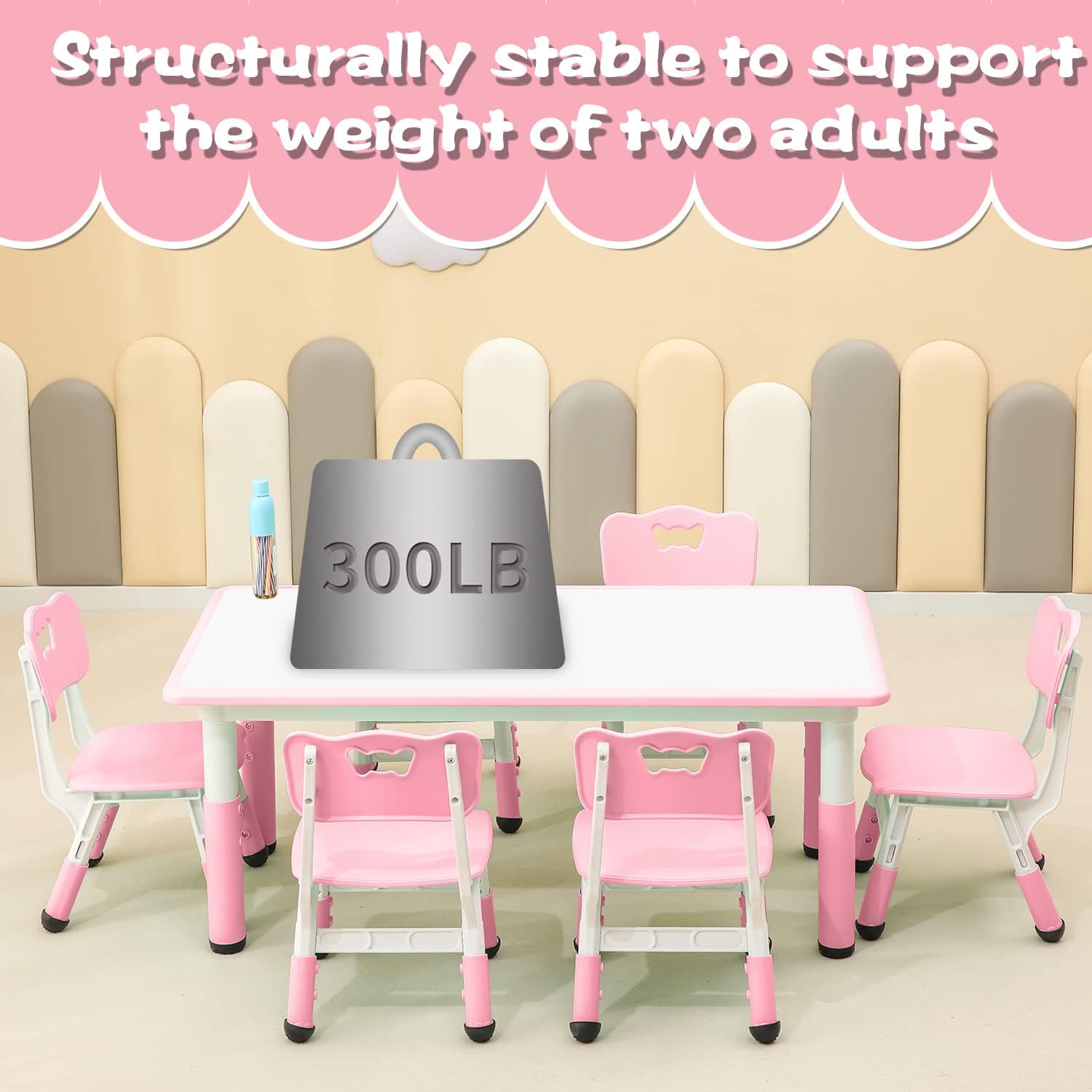 monleelnom Children's Table and Chair Set Suitable for Boys and Girls Age 2-12 Height Adjustable Table top Can be Painted with 6 Seats Suitable for Family Learning Daily use (Pink)