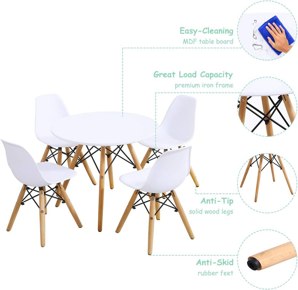 Costzon Kids Table and Chair Set, 5 PCS Mid-Century Modern Style Kids Desk Set w/Wood Legs, Iron Frame for Dining Drawing Playing & Strong Bearing Capacity, Toddler Table and Chairs (White)