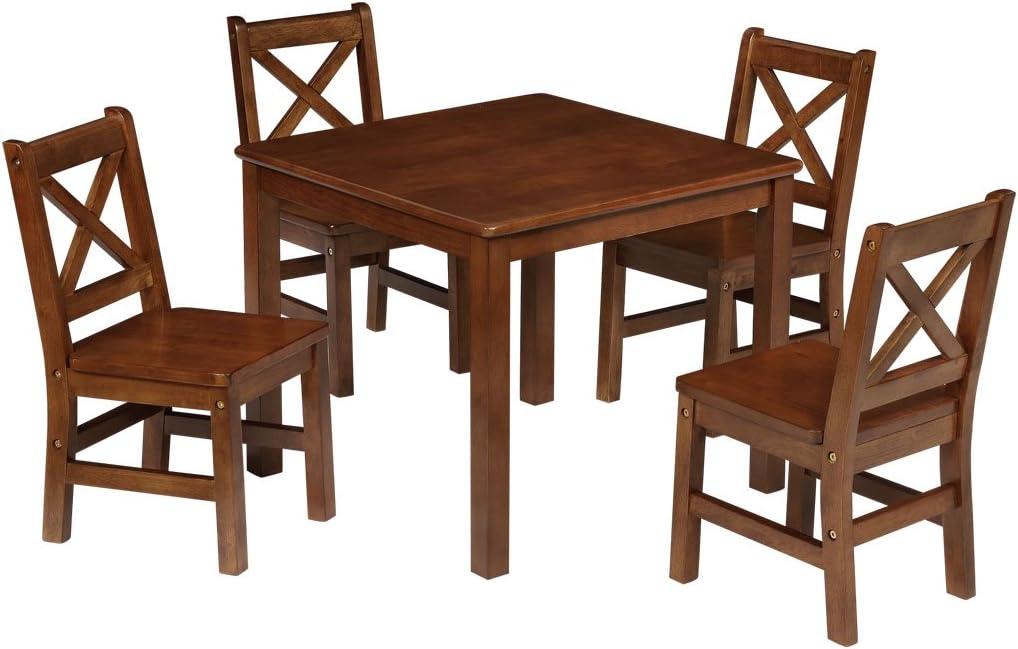 eHemco Solid Hard Wood Kids Table and Chair Set (4 Chairs Included), Coffee, 5 Piece Set