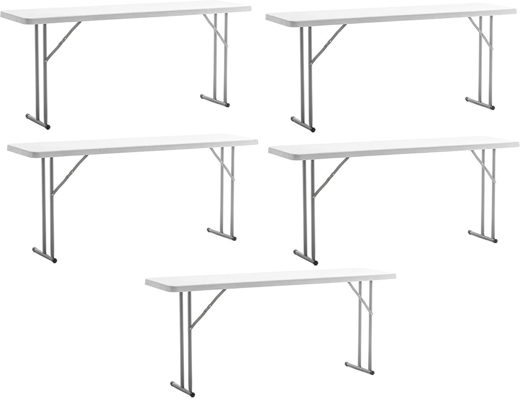 BTEXPERT 6-Foot - 72' Long White Granite Plastic Folding Seminar Training Table Portable 18' Wide Narrow, 29' High, Events Indoor Outdoor Lightweight Set of 5