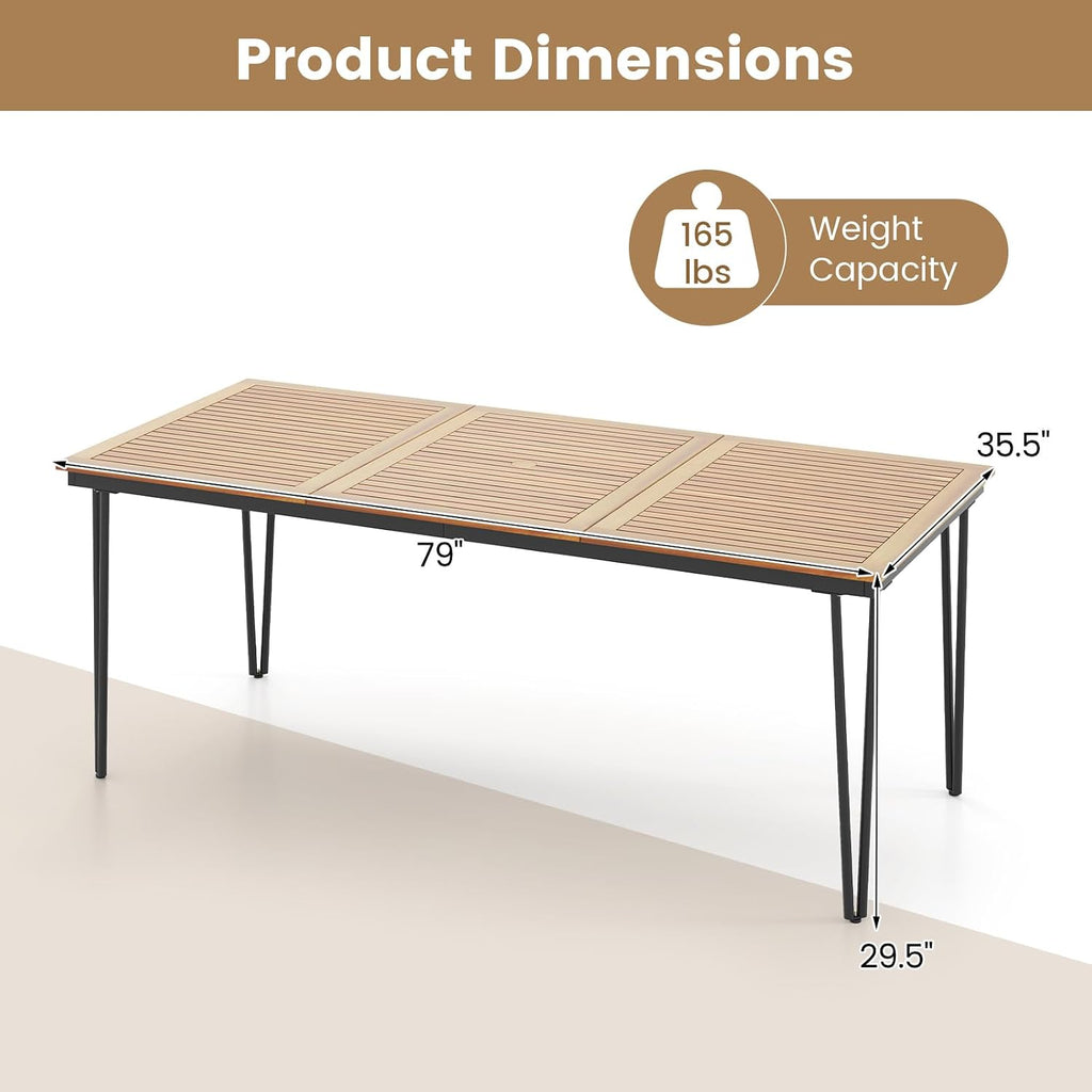 HAPPYGRILL Patio Dining Table for 8, 79' Rectangle Table with Acacia Wood Tabletop & Heavy Duty Metal Frame, Outdoor Dining Table with 2' Umbrella Hole for Backyard, Lawn & Garden