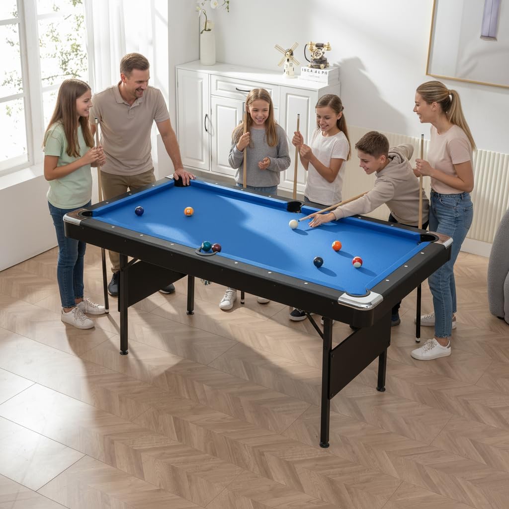 6 ft Foldable Pool Table with Steel Frame, Stable Billiard Tables with Safety Anti Collapse Locks, Heavy Duty Billiard Game Includes Full Set of Balls, 2 Cue Sticks, Chalk and Felt Brush