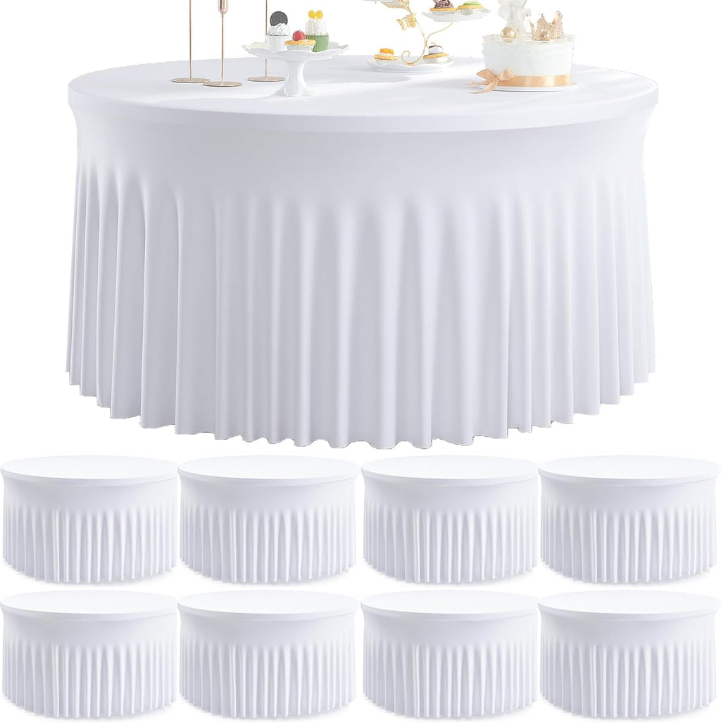 8 Pack White Round Spandex Tablecloth for 60 inch Table, Wrinkle Free Stretchy 120inch Fitted 5FT Round Table Cloths Cover with Skirt for Wedding Birthday Party Dining Banquet Thanksgiving Events