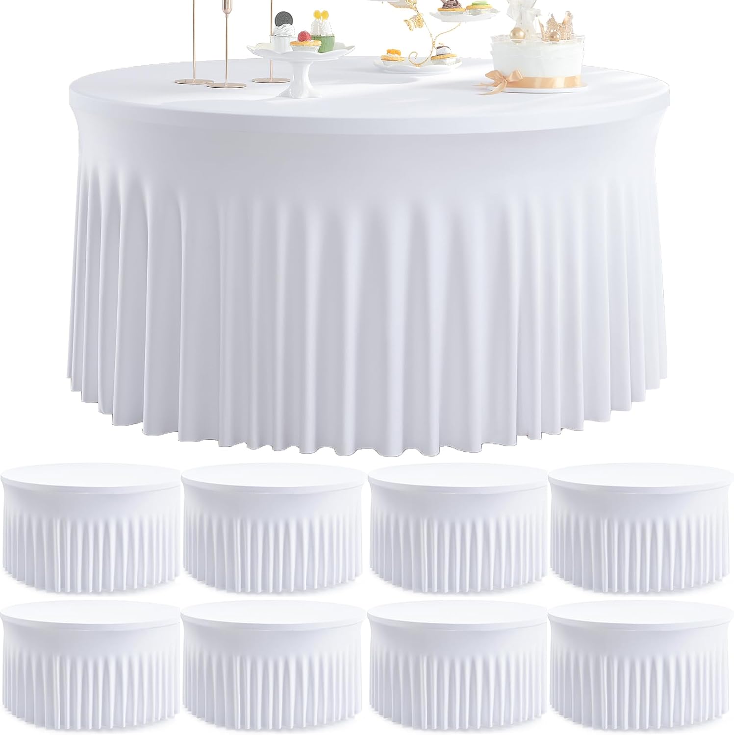 8 Pack White Round Spandex Tablecloth for 60 inch Table, Wrinkle Free Stretchy 120inch Fitted 5FT Round Table Cloths Cover with Skirt for Wedding Birthday Party Dining Banquet Thanksgiving Events