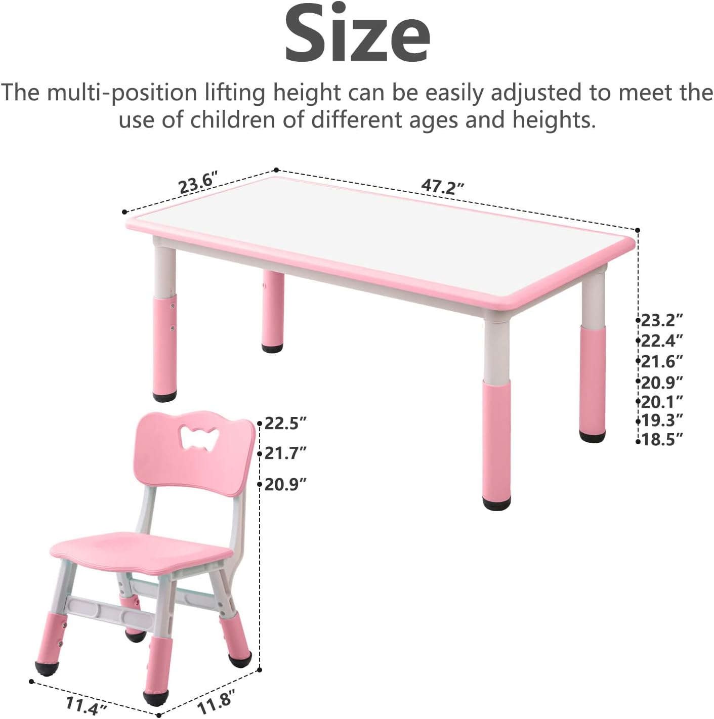 monleelnom Children's Table and Chair Set Suitable for Boys and Girls Age 2-12 Height Adjustable Table top Can be Painted with 6 Seats Suitable for Family Learning Daily use (Pink)