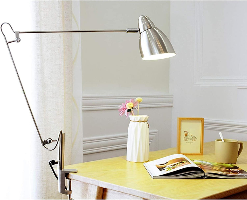 Desk Lamps Metal with Clip, Adjustable Reading Clamp Light with Long arm, Study Book Lamp for Work Office, with Cable and Switch, E27,Silver