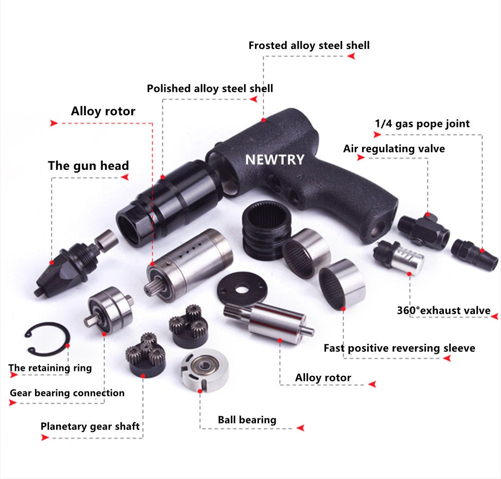 NEWTRY Air Rivet Nut Gun Pneumatic Riveter Riveting Tool Kit with Self-locking Head for 5/16,25/64 Nut (6108 gun with M8,M10 head)