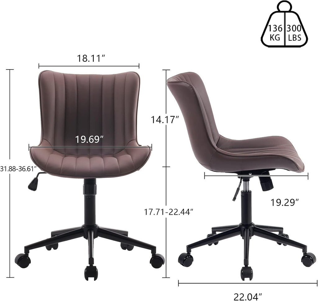 YOUNIKE Ergonomic Home Office Desk Chair with Wheels Comfy Armless Criss Cross Chair with Adjustable Back Modern Leather Upholstered Swivel Vanity Chair Small Cute Rolling Task Chair for Women Brown