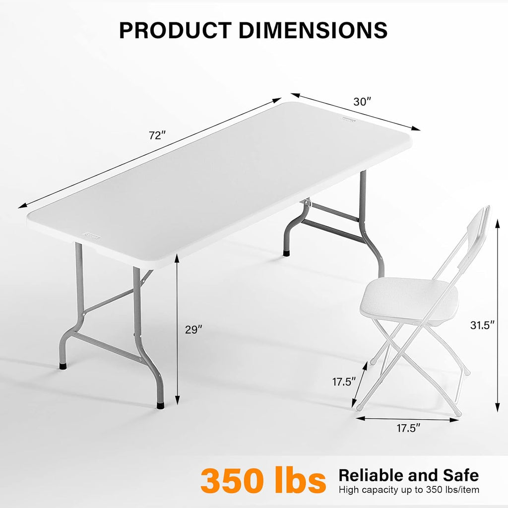 VINGLI 6 FT Plastic Folding Table Set with 8 White Folding Chairs for Picnic, Event, Training, Outdoor Activities, at Home and Commercial Use