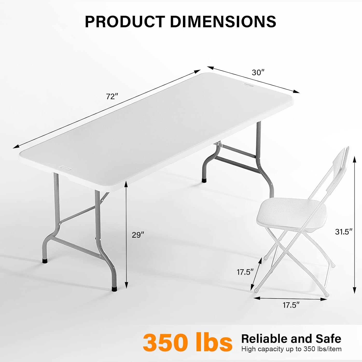 VINGLI 6 FT Plastic Folding Table Set with 8 White Folding Chairs for Picnic, Event, Training, Outdoor Activities, at Home and Commercial Use