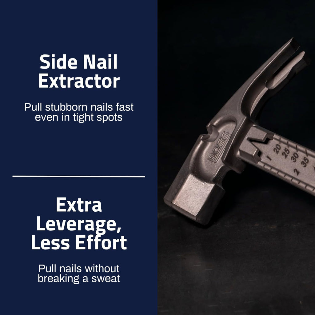 Boss Hammer 14 oz. Pro Plus Titanium Hammer - Ti64 Construction Grade, New Side Nail Extractor, 20% Thicker Handle, 1/4' Tether Hole - Milled Face - Made in the USA - BHPPS14TIM