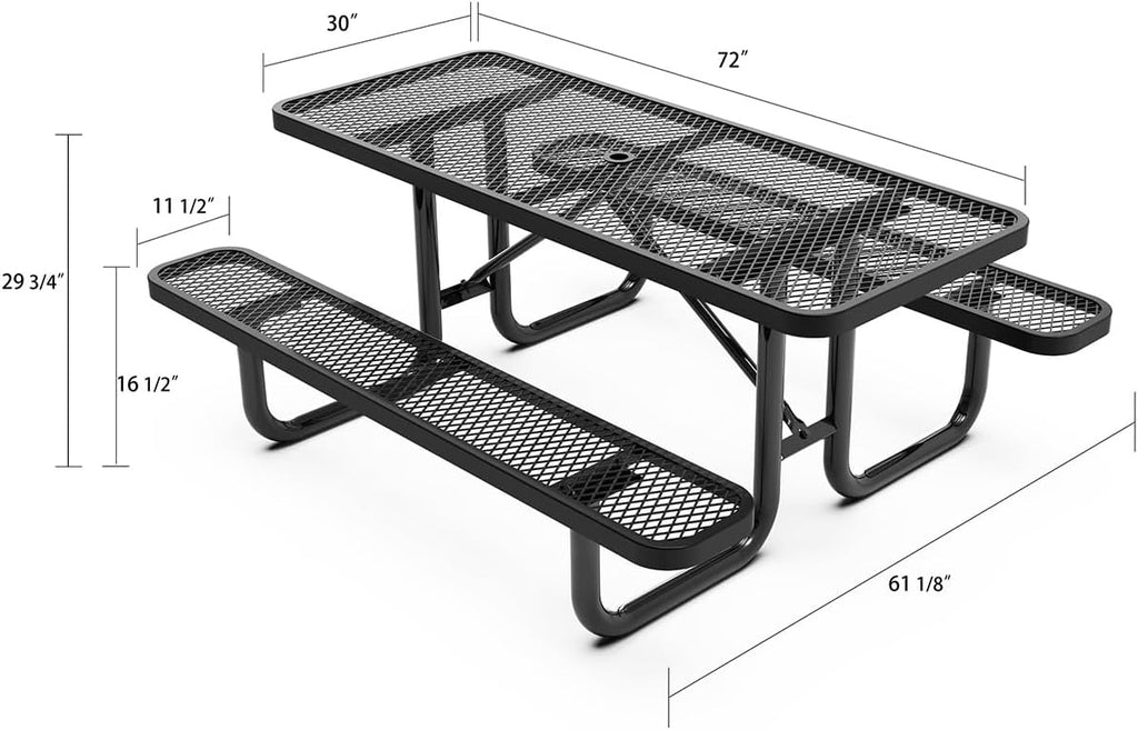 Heavy Duty 6' Rectangular Picnic Table, Expanded Metal, Black (72' Long)