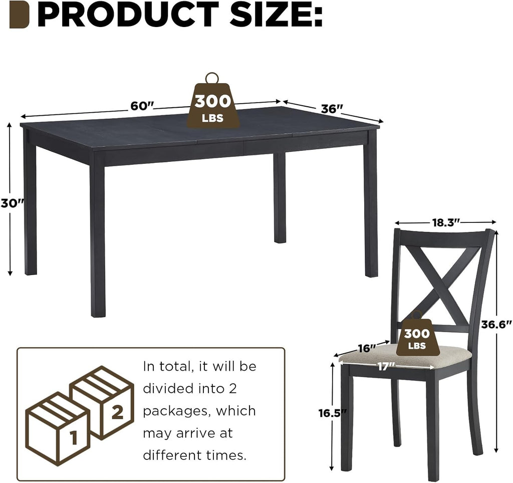 LUXOAK 7-Piece Solid Wood Dining Table Set, 60' Farmhouse Dining Table with 6 Chairs, Rectangular Table Set for 6, Kitchen & Dining Room Furniture, Grey & White